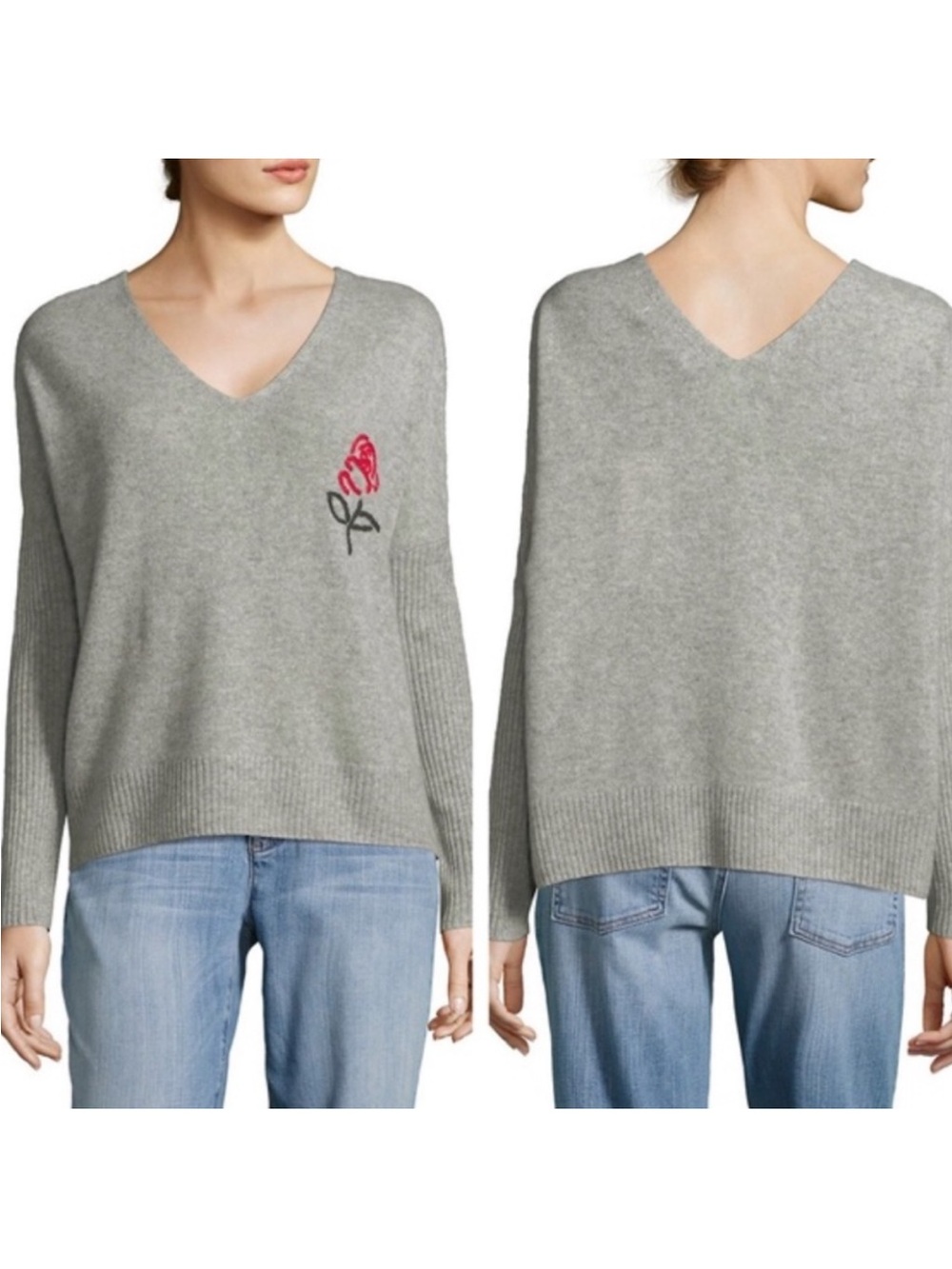 Wildfox 100% Cashmere Rose Embroidered V-Neck Sweater Gray